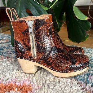 Swedish Hasbeens Brown Snakeskin Zip It Emy Booties  Ankle Boots, EUR 37/US 6.5